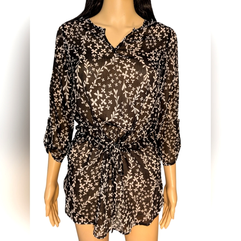 Black & White Floral Sheer Long Shirt Blouse XS